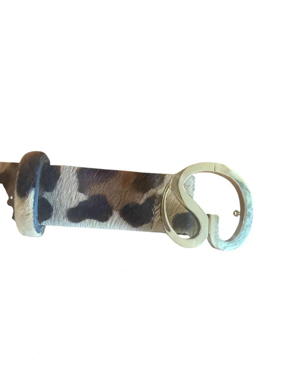 St. John Knits Narrow Leopard Print Calf Hair Belt with Gold Buckle sz S